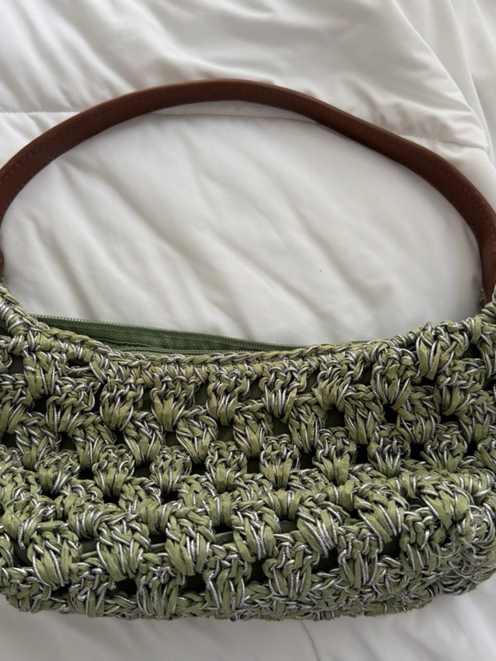Olive Green Woven Shoulder Bag with Brown leather Handle